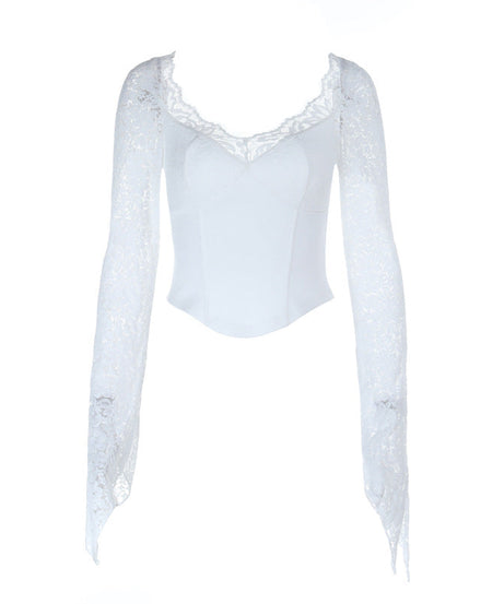 Enchanting White Lace Long Sleeve Corset Top | Romantic V-Neck Blouse for Fall & Holiday Glam