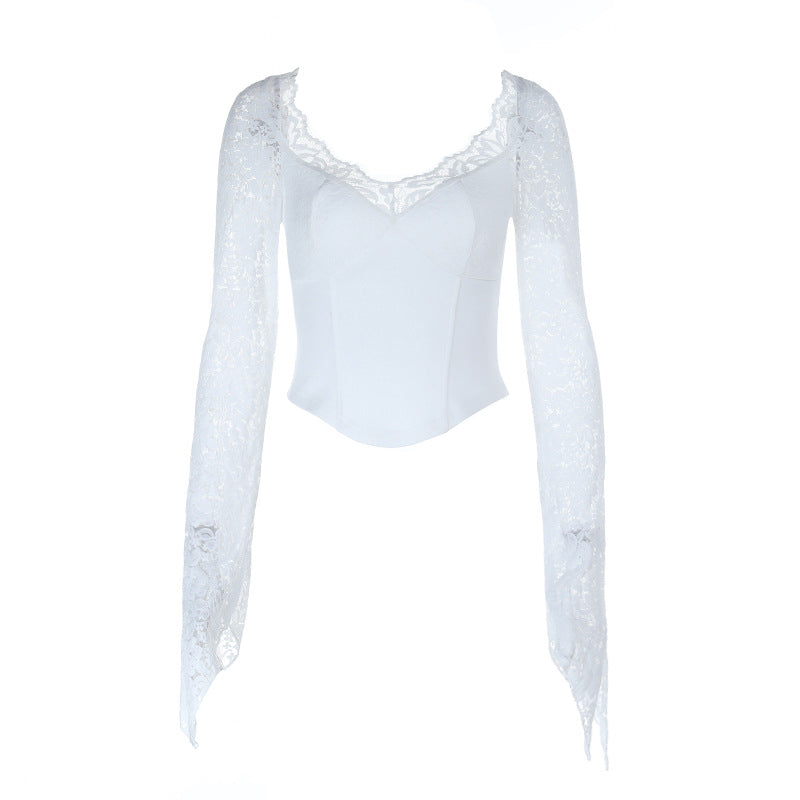 Enchanting White Lace Long Sleeve Corset Top | Romantic V-Neck Blouse for Fall & Holiday Glam