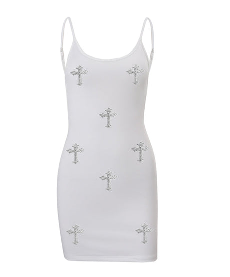 Sparkle & Slay: Rhinestone Cross Bodycon Cami Mini Dress - Edgy Fall Party Style