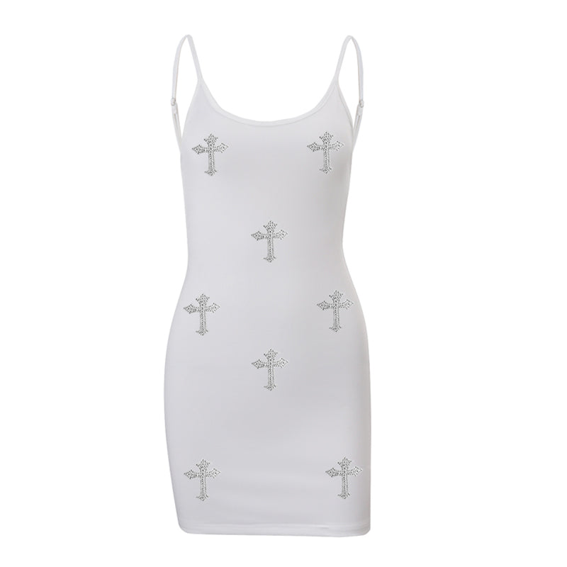 Sparkle & Slay: Rhinestone Cross Bodycon Cami Mini Dress - Edgy Fall Party Style