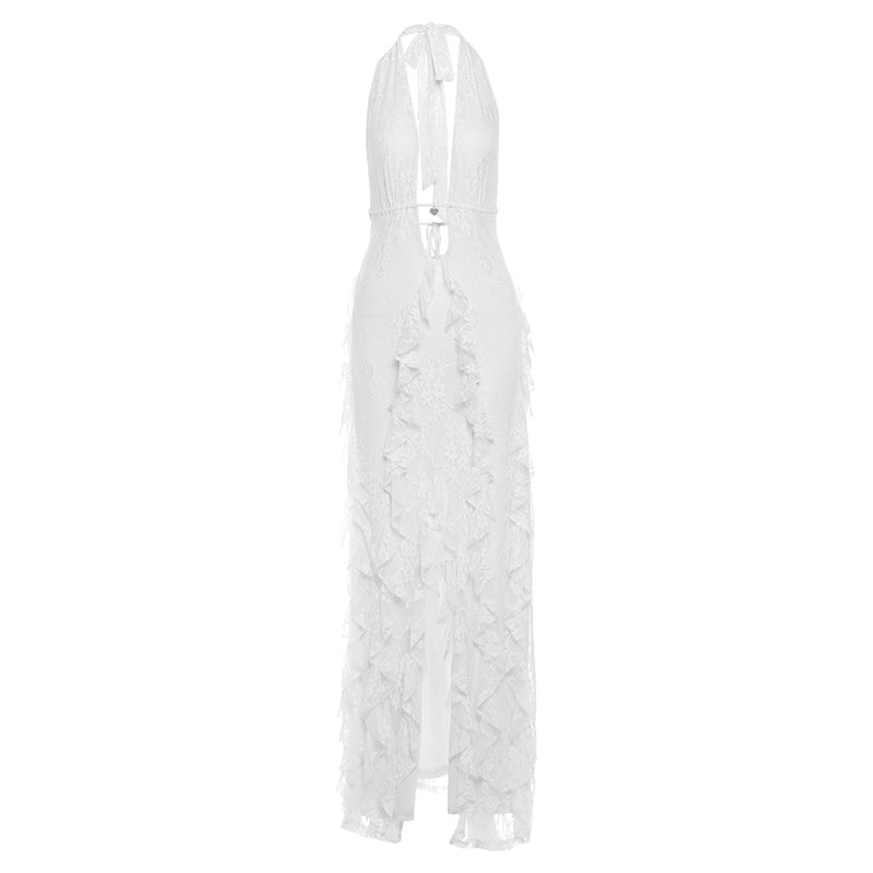 Stunning Sky Blue Lace Halter Maxi Dress - Ruffle Slit for Resort & Destination Weddings