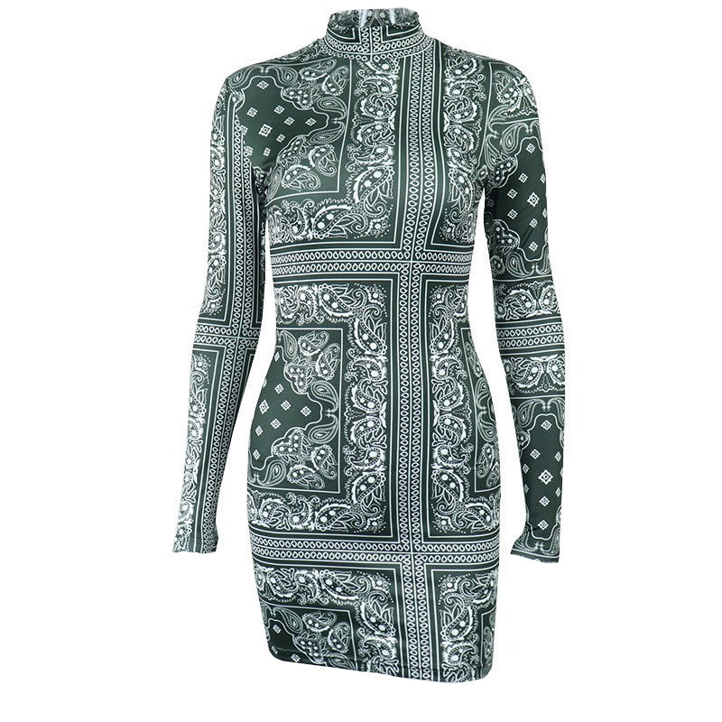 Fall Vibe: Bandana Print High Neck Bodycon Mini Dress – Trendy & Curve-Hugging