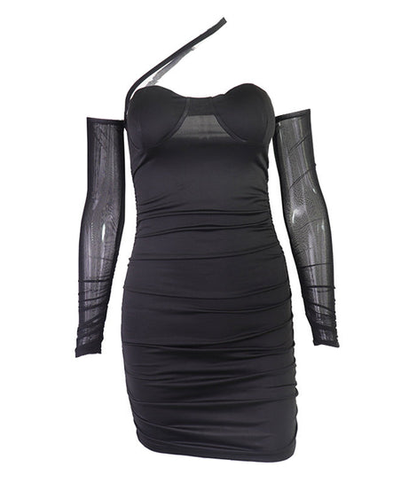 Sultry Black One-Shoulder Mesh Ruched Mini Dress - Your Fall & Holiday Party Statement