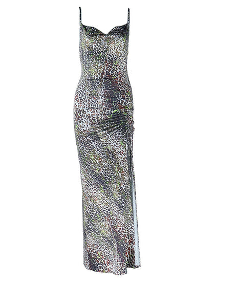 Glamorous Leopard Print Ruched Slit Maxi Dress – Perfect for Fall & Holiday Parties