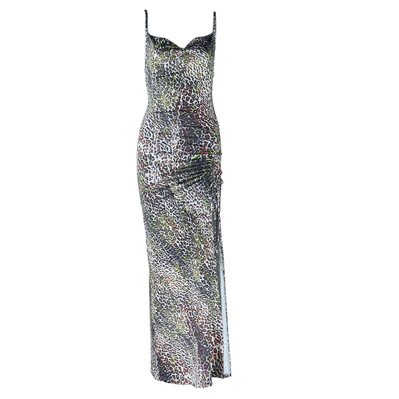 Glamorous Leopard Print Ruched Slit Maxi Dress – Perfect for Fall & Holiday Parties