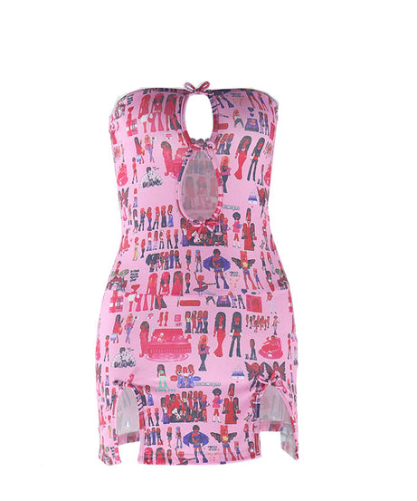 Pink Doll Print Strapless Mini Dress | Flirty Cutout & Bow | Y2K Style for Fall Parties & Halloween