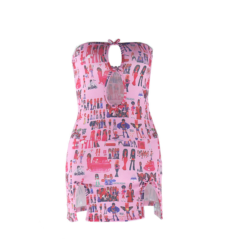 Pink Doll Print Strapless Mini Dress | Flirty Cutout & Bow | Y2K Style for Fall Parties & Halloween