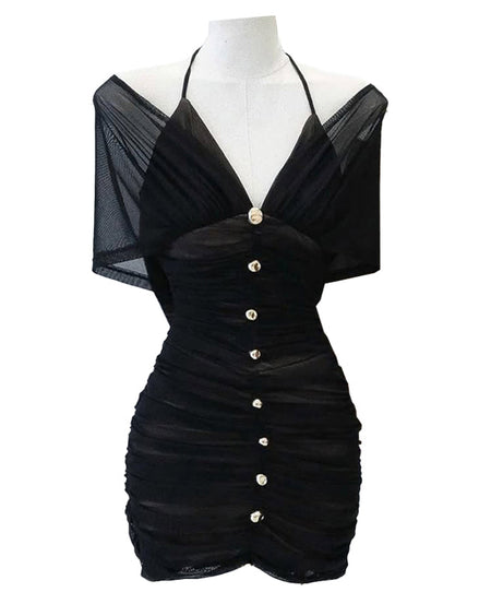 Fall Nights Out Allure: Ruched Halter Off-Shoulder Mini Dress