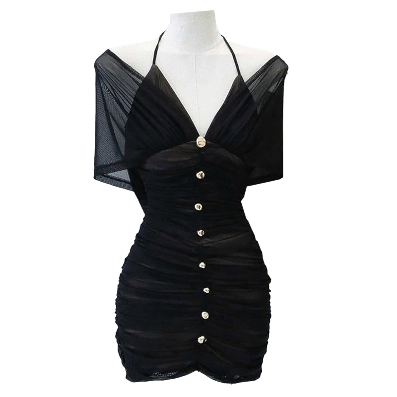 Fall Nights Out Allure: Ruched Halter Off-Shoulder Mini Dress