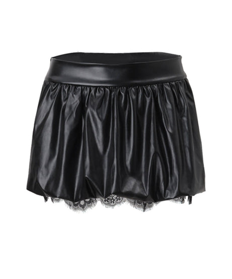 Sultry Black Faux Leather Bubble Mini Skirt with Lace Trim – Fall & Halloween Party Ready