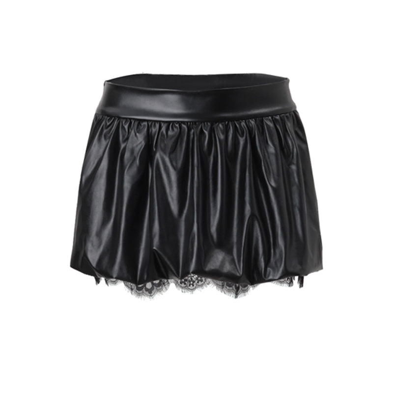 Sultry Black Faux Leather Bubble Mini Skirt with Lace Trim – Fall & Halloween Party Ready