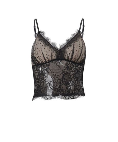 Fall's Must-Have: Elegant Black Polka Dot & Lace Cami Top – Layering Essential & Date Night Chic