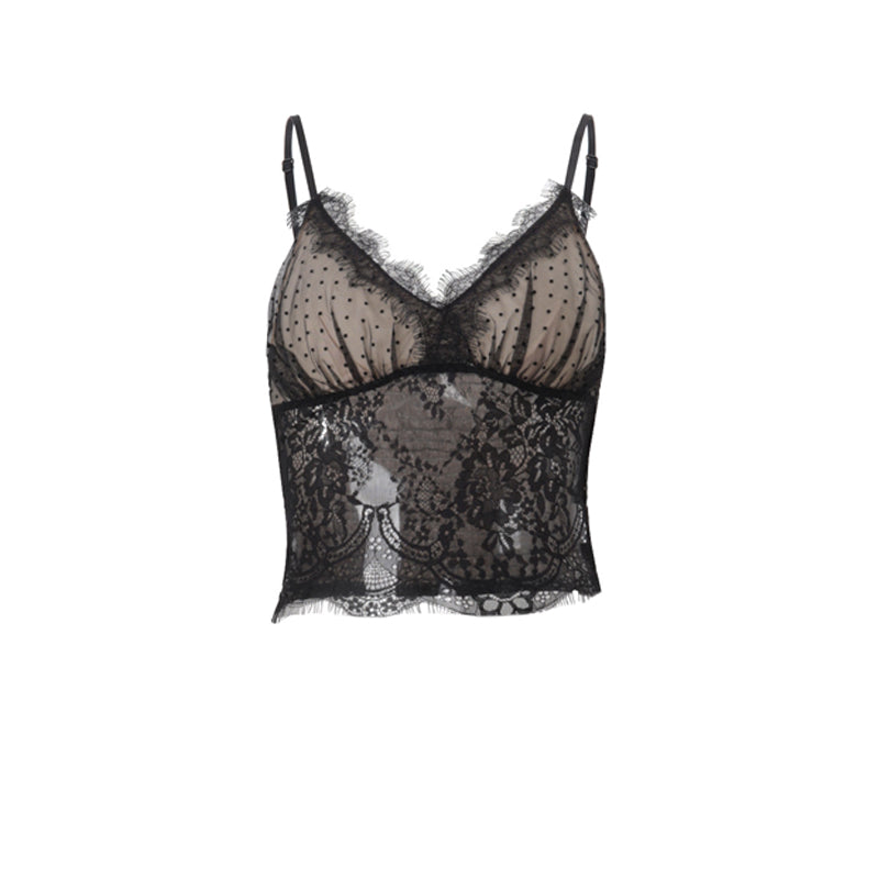 Fall's Must-Have: Elegant Black Polka Dot & Lace Cami Top – Layering Essential & Date Night Chic