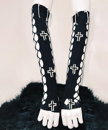 Spooky Season Ready: Rhinestone Cross Fingerless Arm Warmers - Edgy Goth & Punk Halloween Gloves