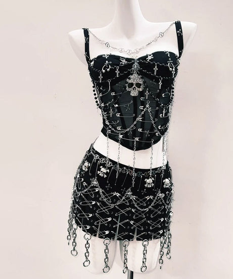 Edgy Gothic Skull & Chain Mesh Corset Top - Women's Halloween & Festival Style