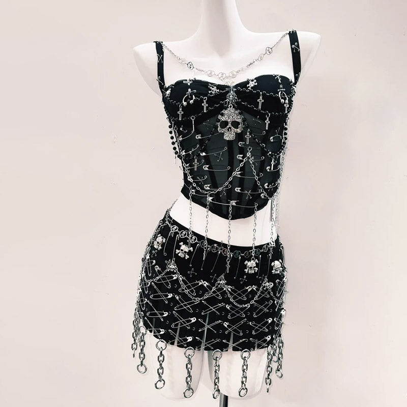 Edgy Gothic Skull & Chain Mesh Corset Top - Women's Halloween & Festival Style