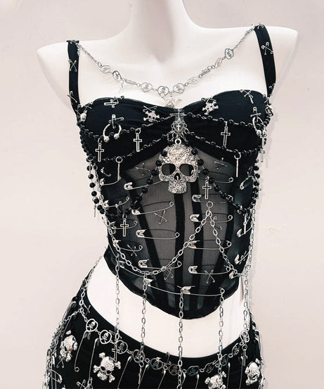 Edgy Gothic Skull & Chain Mesh Corset Top - Women's Halloween & Festival Style