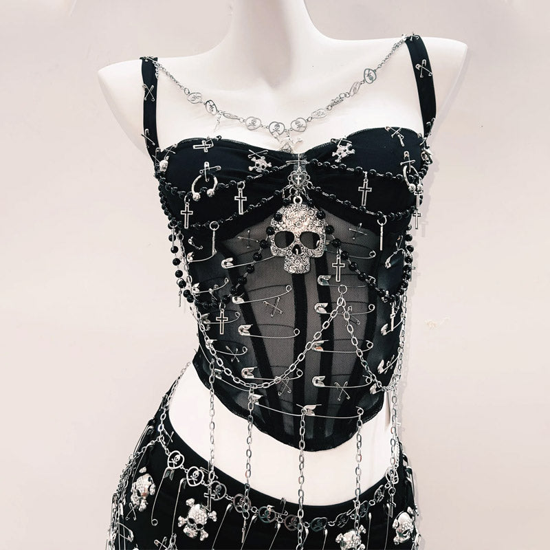 Edgy Gothic Skull & Chain Mesh Corset Top - Women's Halloween & Festival Style