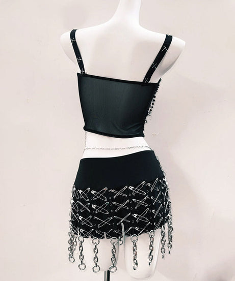 Edgy Gothic Skull & Chain Mesh Corset Top - Women's Halloween & Festival Style