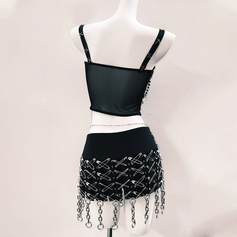 Edgy Gothic Skull & Chain Mesh Corset Top - Women's Halloween & Festival Style