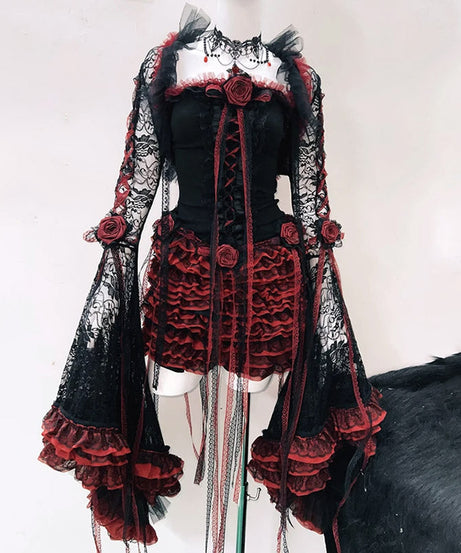 Enchanting Gothic Vampire Rose Lace Mini Dress Set - Your Ultimate Halloween & Fall Party Look