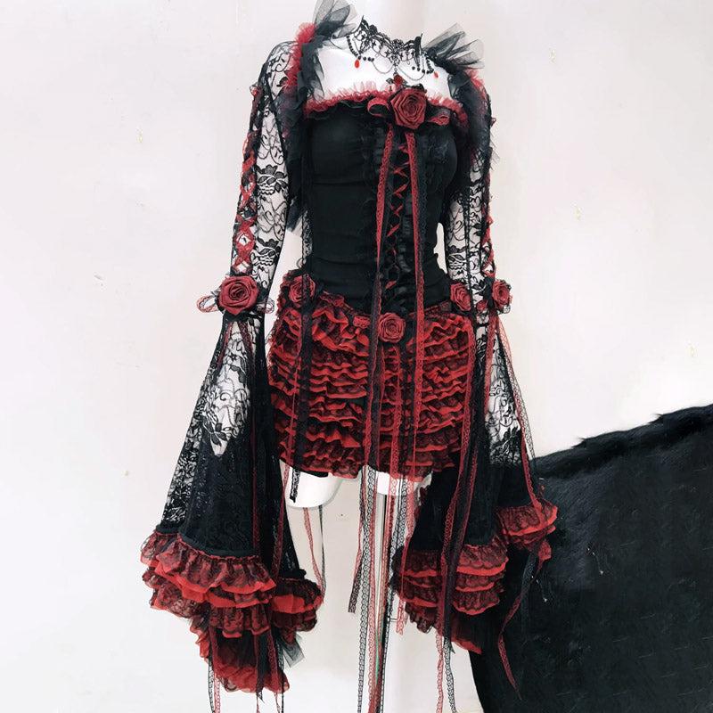 Enchanting Gothic Vampire Rose Lace Mini Dress Set - Your Ultimate Halloween & Fall Party Look