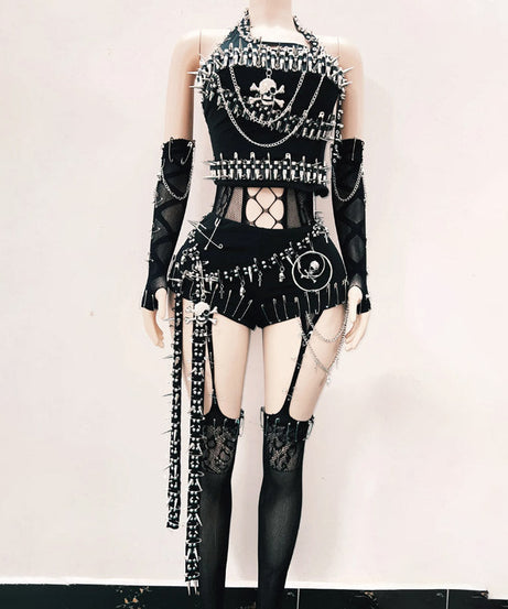 Unleash Your Inner Rebel: Spiked Skull Halter & Shorts Set – Ultimate Halloween & Festival Clubwear