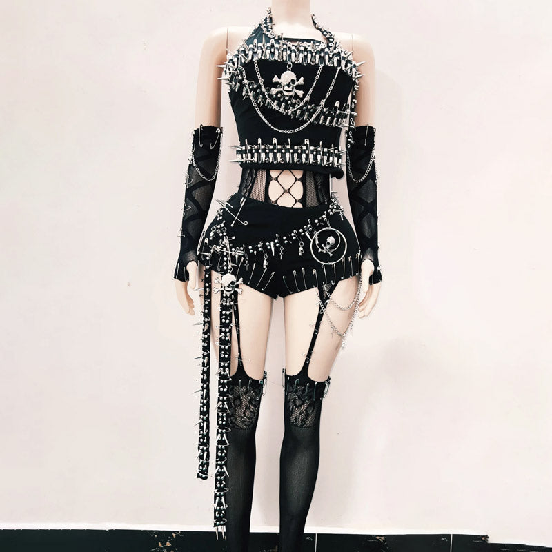 Unleash Your Inner Rebel: Spiked Skull Halter & Shorts Set – Ultimate Halloween & Festival Clubwear