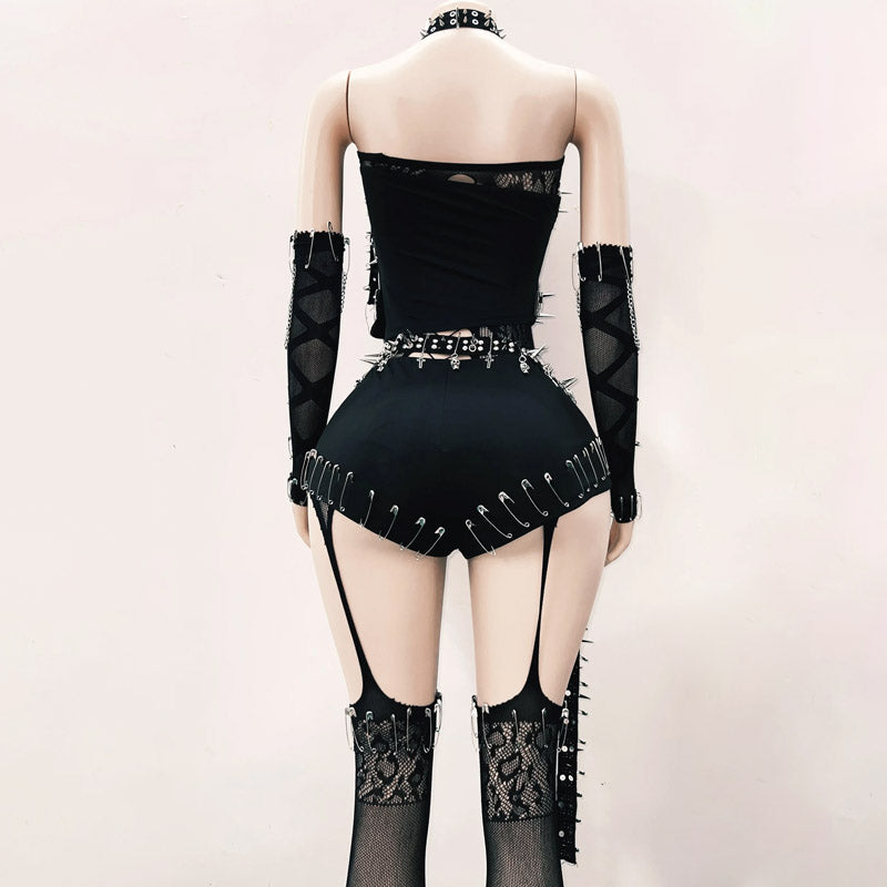 Unleash Your Inner Rebel: Spiked Skull Halter & Shorts Set – Ultimate Halloween & Festival Clubwear