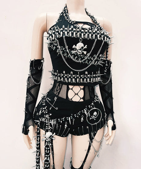 Unleash Your Inner Rebel: Spiked Skull Halter & Shorts Set – Ultimate Halloween & Festival Clubwear