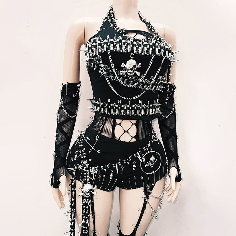 Unleash Your Inner Rebel: Spiked Skull Halter & Shorts Set – Ultimate Halloween & Festival Clubwear