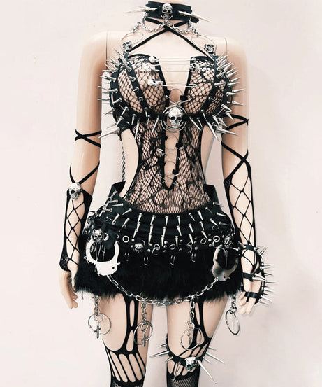 Rebel Edge Spiked Skull Fishnet Halter Top | Ultimate Halloween, Rave & Festival Clubwear