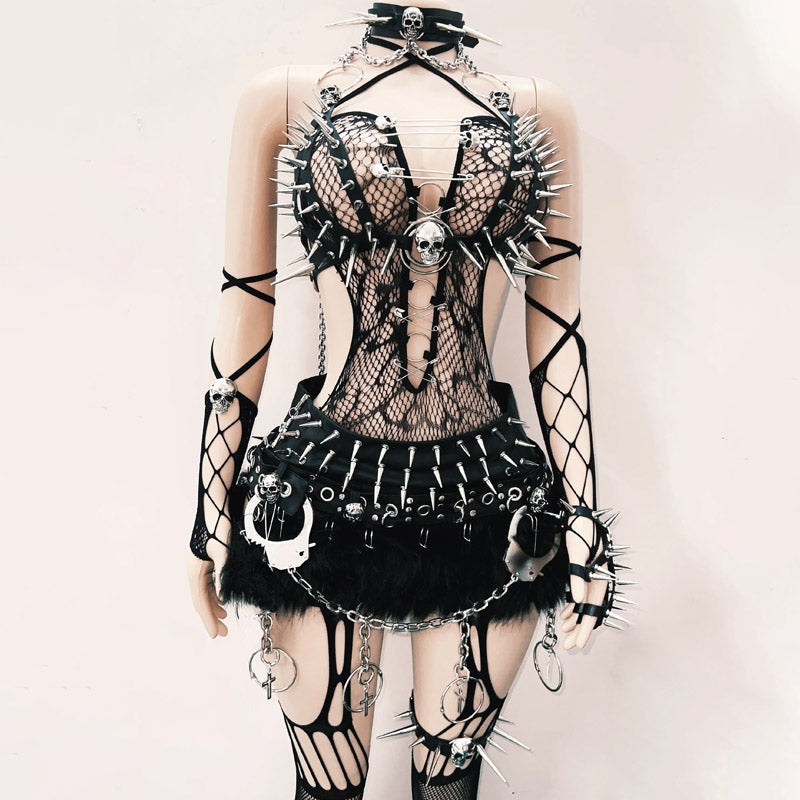 Rebel Edge Spiked Skull Fishnet Halter Top | Ultimate Halloween, Rave & Festival Clubwear