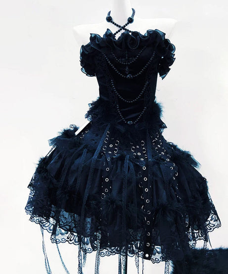 Gothic Glamour Black Velvet Mini Dress | Ruffled, Beaded & Feathered for Halloween & Beyond