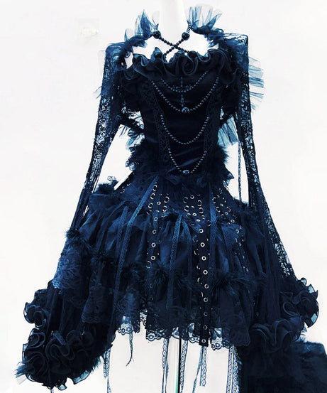 Gothic Glamour Black Velvet Mini Dress | Ruffled, Beaded & Feathered for Halloween & Beyond