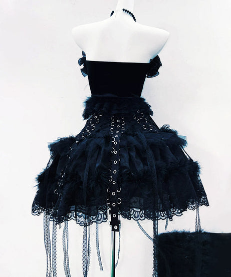 Gothic Glamour Black Velvet Mini Dress | Ruffled, Beaded & Feathered for Halloween & Beyond