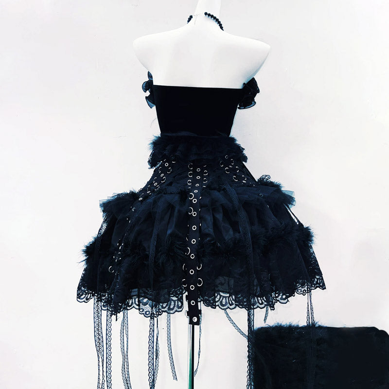 Gothic Glamour Black Velvet Mini Dress | Ruffled, Beaded & Feathered for Halloween & Beyond