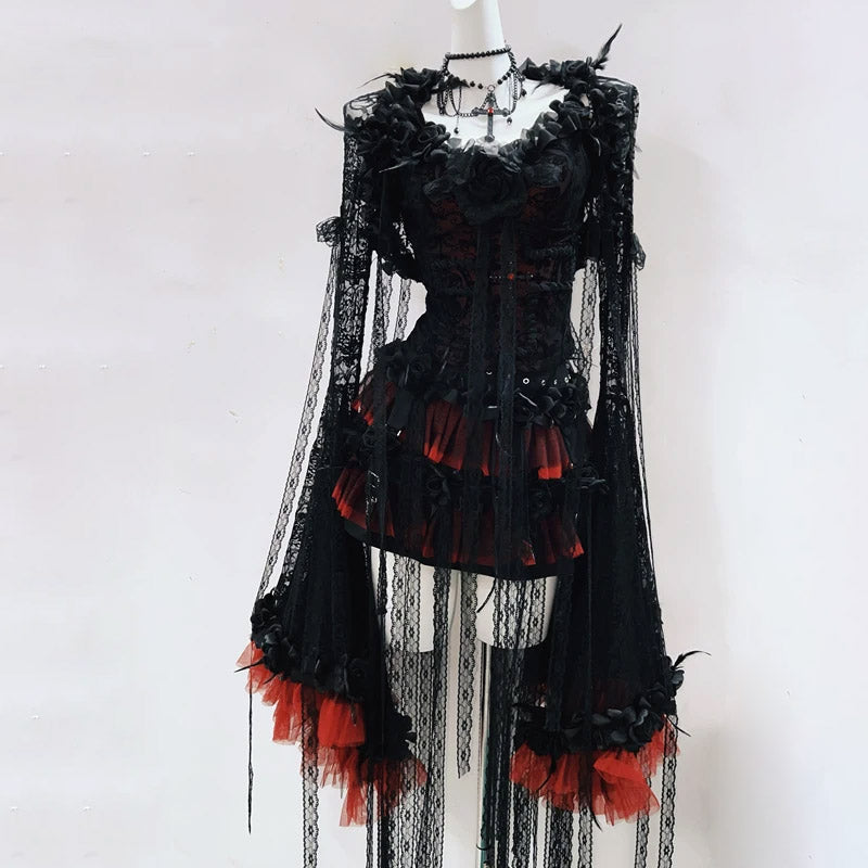 Bewitching Gothic Romance Lace Mini Dress Set - Dramatic Flared Sleeves & Red Accents for Halloween & Fall