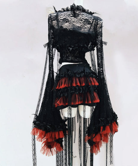 Bewitching Gothic Romance Lace Mini Dress Set - Dramatic Flared Sleeves & Red Accents for Halloween & Fall