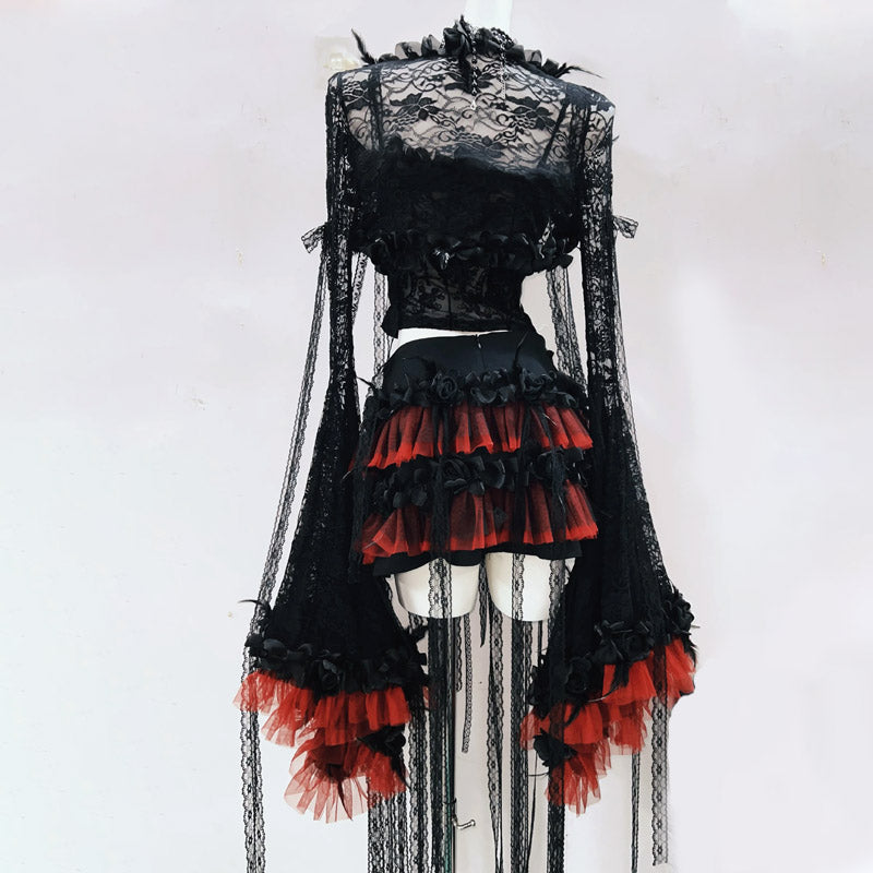 Bewitching Gothic Romance Lace Mini Dress Set - Dramatic Flared Sleeves & Red Accents for Halloween & Fall