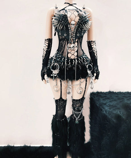 Fierce Spiked Gothic Skull Harness Top - Edgy Mesh Bralette for Halloween & Rave Season