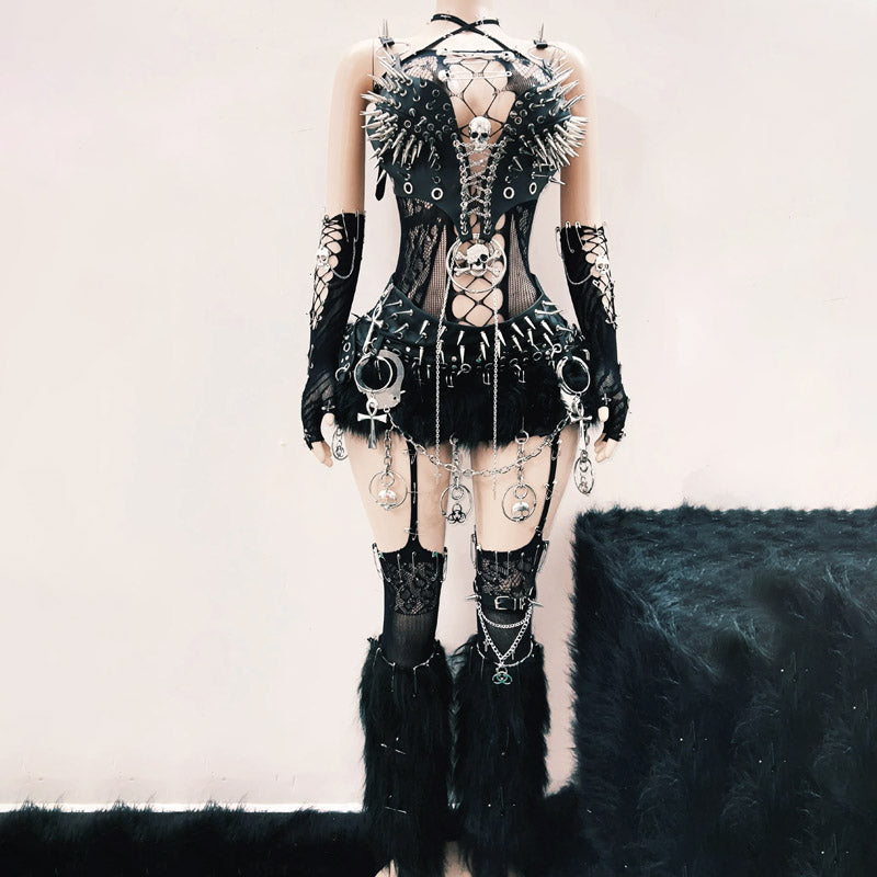 Fierce Spiked Gothic Skull Harness Top - Edgy Mesh Bralette for Halloween & Rave Season