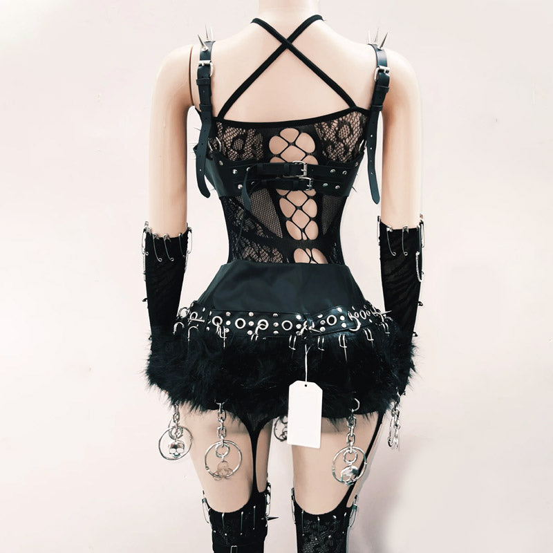 Fierce Spiked Gothic Skull Harness Top - Edgy Mesh Bralette for Halloween & Rave Season