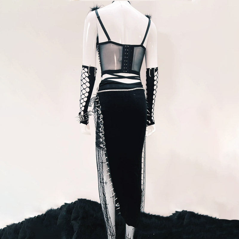 Unleash Your Dark Glamour: Gothic Feather & Spike Corset Top - Halloween & Festival Ready!