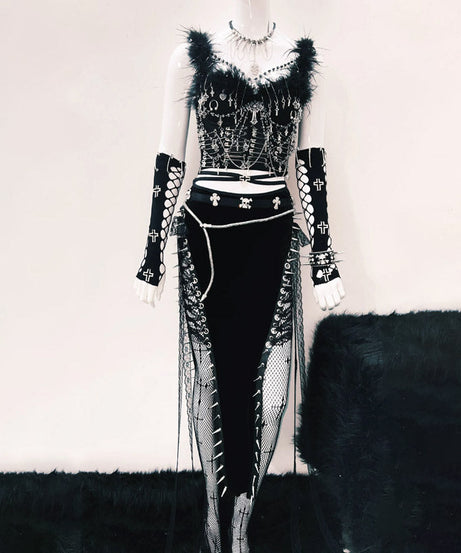 Unleash Your Dark Glamour: Gothic Feather & Spike Corset Top - Halloween & Festival Ready!