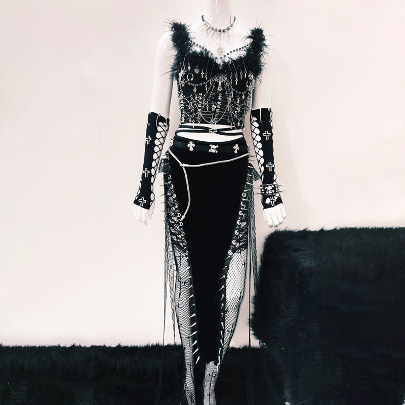 Unleash Your Dark Glamour: Gothic Feather & Spike Corset Top - Halloween & Festival Ready!