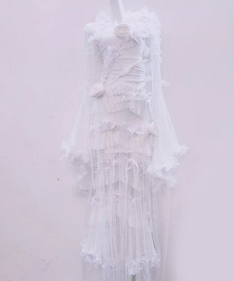 Ethereal Floral Applique Sheer Maxi Gown – Dreamy Bridal, Enchanted Fall Gala & Unique Halloween Costume