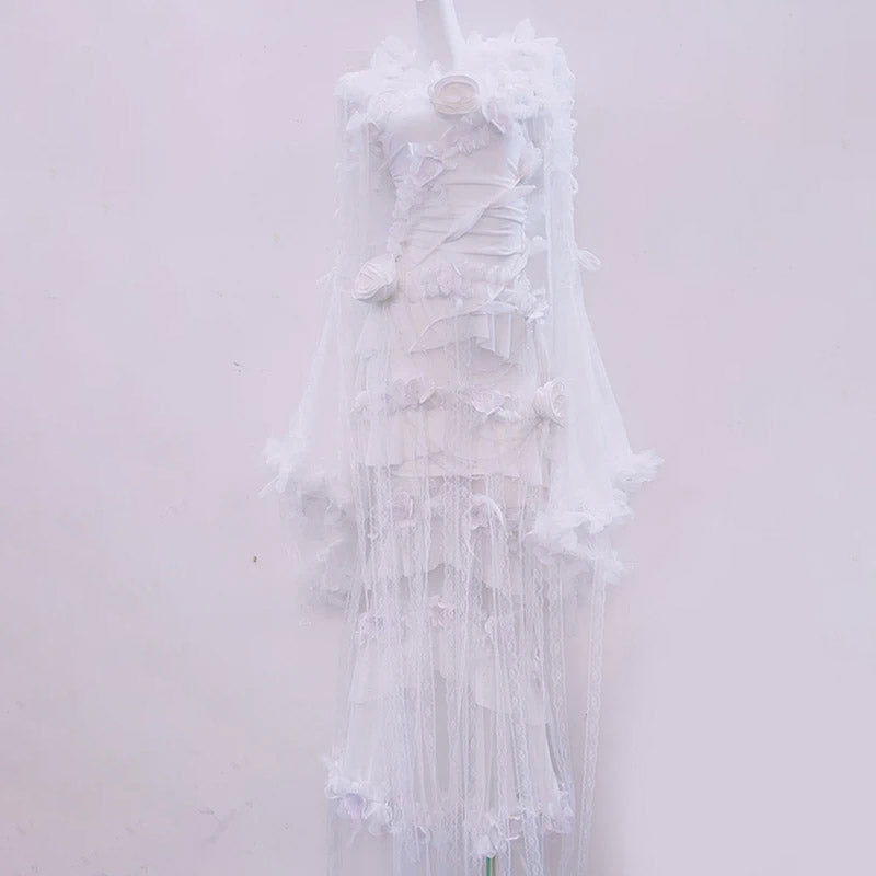 Ethereal Floral Applique Sheer Maxi Gown – Dreamy Bridal, Enchanted Fall Gala & Unique Halloween Costume