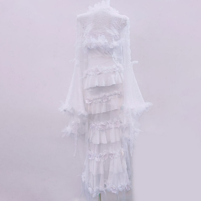 Ethereal Floral Applique Sheer Maxi Gown – Dreamy Bridal, Enchanted Fall Gala & Unique Halloween Costume