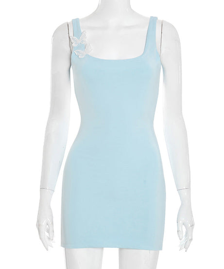 Whimsical Butterfly Square Neck Mini Dress - Light Blue Flirty Fall Style